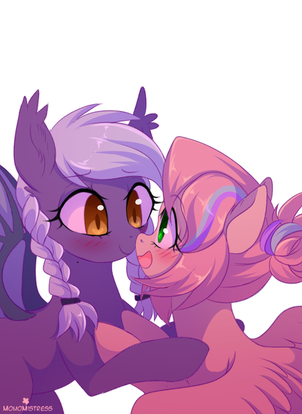 Size: 1280x1755 | Tagged: safe, artist:verawitch, banned from derpibooru, deleted from derpibooru, derpibooru import, oc, oc:sonar, oc:sweet skies, unofficial characters only, bat pony, pegasus, pony, blushing, eye contact, female, lesbian, looking at each other, open mouth, shipping, simple background, smiling, white background