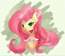 Size: 1000x857 | Tagged: safe, artist:azarakikun, banned from derpibooru, deleted from derpibooru, derpibooru import, angel bunny, fluttershy, pony, bust, duo, holding, looking at you, open mouth, portrait, smiling