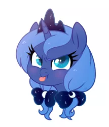 Size: 696x808 | Tagged: safe, artist:jumblehorse, banned from derpibooru, deleted from derpibooru, derpibooru import, princess luna, alicorn, pony, 30 minute art challenge, blushing, bust, colored pupils, cute, female, filly, lunabetes, pigtails, simple background, solo, tongue out, white background, woona, younger
