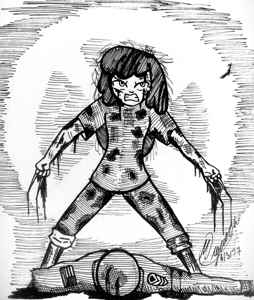 Size: 1835x2168 | Tagged: grimdark, artist:atisuto17, banned from derpibooru, deleted from derpibooru, derpibooru import, apple bloom, equestria girls, adamantium, angry, crossover, female, fury, logan, marvel comics, monochrome, mutant, traditional art, wolverine, x-23, x-men