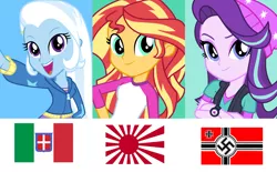 Size: 1300x804 | Tagged: safe, banned from derpibooru, deleted from derpibooru, derpibooru import, starlight glimmer, sunset shimmer, trixie, equestria girls, axis, eqg flag-tag meme, flag, italy, japan, nazi, nazi germany, swastika, world war ii