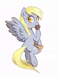 Size: 720x960 | Tagged: safe, artist:jumblehorse, banned from derpibooru, deleted from derpibooru, derpibooru import, derpy hooves, pegasus, pony, 30 minute art challenge, basket, blushing, eating, flying, food, muffin, simple background, solo, white background
