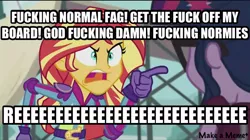 Size: 750x420 | Tagged: safe, banned from derpibooru, deleted from derpibooru, derpibooru import, screencap, sci-twi, sunset shimmer, twilight sparkle, equestria girls, friendship games, angry, caption, exploitable meme, image macro, meme, normies, rage, reeee, sunset yells at twilight, text, vulgar