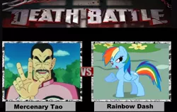 Size: 942x595 | Tagged: safe, banned from derpibooru, deleted from derpibooru, derpibooru import, rainbow dash, death battle, dragon ball, dragon ball z, exploitable meme, meme, mercenary tao