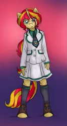 Size: 413x779 | Tagged: safe, artist:kaemantis, banned from derpibooru, deleted from derpibooru, derpibooru import, edit, sunset shimmer, anthro, unguligrade anthro, clothes, cropped, female, gradient background, pleated skirt, shoes, skirt, socks, solo