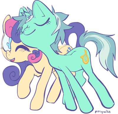 Size: 400x387 | Tagged: dead source, safe, artist:uglyfun, banned from derpibooru, deleted from derpibooru, derpibooru import, bon bon, lyra heartstrings, sweetie drops, cute, eyes closed, female, image, lesbian, lyrabon, png, shipping, snuggling, wingding eyes