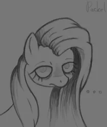 Size: 370x440 | Tagged: safe, artist:afterrain, banned from derpibooru, deleted from derpibooru, derpibooru import, fluttershy, ..., bags under eyes, bust, dark circles, fluttershy is not amused, gray, grayscale, irritated, lidded eyes, looking at you, looking up, monochrome, portrait, sleep deprivation, solo, tired, unamused