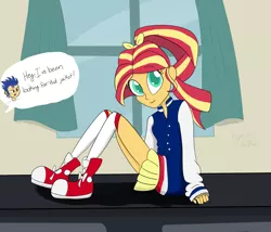 Size: 2320x1985 | Tagged: safe, artist:flight-of-the-moon, banned from derpibooru, deleted from derpibooru, derpibooru import, flash sentry, sunset shimmer, equestria girls, alternate costumes, alternate hairstyle, annoyed, clothes, converse, cute, dialogue, implied flashimmer, implied shipping, implied straight, looking at you, shoes, skirt, sneakers, socks, varsity jacket, window