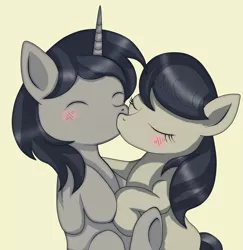 Size: 1927x1984 | Tagged: safe, artist:hanaty, banned from derpibooru, deleted from derpibooru, derpibooru import, octavia melody, oc, earth pony, pony, unicorn, blushing, canon x oc, eyes closed, kissing, love, shipping