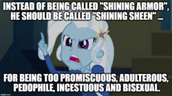 Size: 896x500 | Tagged: safe, banned from derpibooru, deleted from derpibooru, derpibooru import, shining armor, trixie, equestria girls, rainbow rocks, caption, charlie sheen, exploitable meme, image macro, meme, rule 34, text, trixie yells at everything