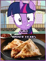 Size: 975x1300 | Tagged: safe, banned from derpibooru, deleted from derpibooru, derpibooru import, edit, edited screencap, screencap, twilight sparkle, magical mystery cure, faic, fear, food, meme, quesadilla, they're just so cheesy
