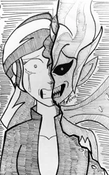 Size: 1658x2658 | Tagged: semi-grimdark, artist:atisuto17, banned from derpibooru, deleted from derpibooru, derpibooru import, sunset shimmer, equestria girls, burning, creepy, female, monochrome, scared, sunset satan, traditional art