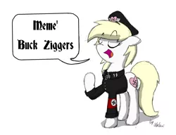 Size: 1888x1452 | Tagged: safe, artist:alexbiri, banned from derpibooru, deleted from derpibooru, derpibooru import, oc, oc:aryanne, unofficial characters only, earth pony, pony, armband, blackletter, clothes, female, hat, heart, meme, nazi, racism, schutzstaffel, simple background, speech bubble, swastika, talking, uniform, white background