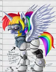 Size: 2827x3636 | Tagged: safe, artist:prismawatercolor, banned from derpibooru, deleted from derpibooru, derpibooru import, oc, oc:prisma watercolor, unofficial characters only, alicorn, pony, alicorn oc, armor, cannon, colored eyelashes, giant pony, horn, macro, multicolored hair, ponytail, rainbow hair, size comparison, wings