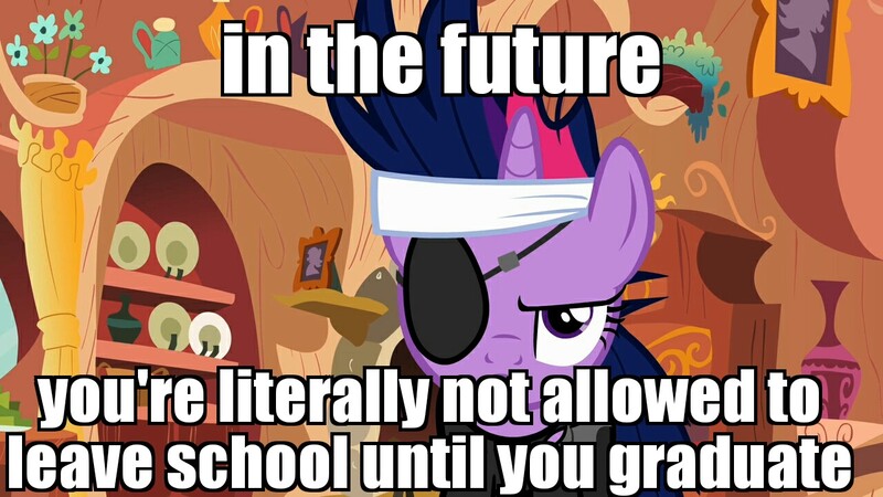 Size: 1280x720 | Tagged: safe, banned from derpibooru, deleted from derpibooru, derpibooru import, edit, edited screencap, screencap, twilight sparkle, pony, unicorn, it's about time, caption, eyepatch, female, future twilight, image macro, in the future, mare, meme, solo, text, unamused