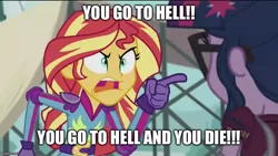 Size: 800x450 | Tagged: safe, banned from derpibooru, deleted from derpibooru, derpibooru import, screencap, sci-twi, sunset shimmer, twilight sparkle, equestria girls, friendship games, angry, caption, exploitable meme, hell, image macro, meme, south park, sunset yells at twilight, text