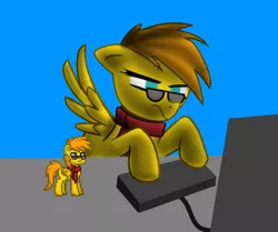 Size: 428x358 | Tagged: safe, artist:fdavid, banned from derpibooru, deleted from derpibooru, derpibooru import, oc, oc:autumn blaze, pegasus, angry face, blank flank, clothes, computer, glasses, keyboard, male, request, scarf