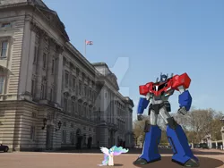 Size: 1024x768 | Tagged: safe, artist:lonetrekker, artist:mihaaaa, banned from derpibooru, deleted from derpibooru, derpibooru import, princess celestia, alicorn, pony, buckingham palace, building, crossover, england, female, flag, irl, mare, optimus prime, photo, ponies in real life, shadow, transformers robots in disguise (2015), union jack, vector, watermark
