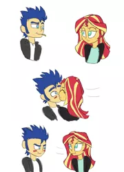 Size: 544x754 | Tagged: safe, artist:flight-of-the-moon, banned from derpibooru, deleted from derpibooru, derpibooru import, flash sentry, sunset shimmer, equestria girls, :t, annoyed, blushing, female, flashimmer, food, french fries, kissing, male, scrunchy face, shipping, smug, straight, surprise kiss, surprised
