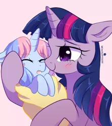 Size: 958x1084 | Tagged: safe, artist:verawitch, banned from derpibooru, deleted from derpibooru, derpibooru import, twilight sparkle, twilight sparkle (alicorn), oc, oc:daylight radiance, alicorn, pony, baby, baby pony, blanket, female, foal, magical lesbian spawn, mother and child, mother and daughter, next generation, offspring, parent:princess celestia, parent:twilight sparkle, parents:twilestia, smiling