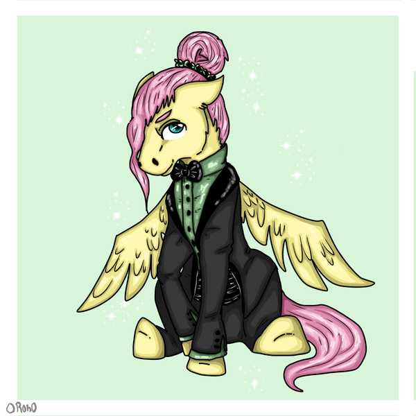 Size: 1000x1000 | Tagged: safe, artist:0ron0, banned from derpibooru, deleted from derpibooru, derpibooru import, fluttershy, alternate hairstyle, clothes, hair bun, hair over one eye, looking at you, sitting, solo, spread wings, suit, wings