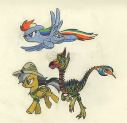 Size: 1470x1417 | Tagged: safe, artist:smcho1014, banned from derpibooru, deleted from derpibooru, derpibooru import, daring do, rainbow dash, oc, oc:wild sketchy, dinosaur, pegasus, pony, colored pencil drawing, female, flying, hybrid dinosaur, male, mare, running, traditional art, trio, unayrhynchus