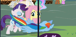 Size: 400x196 | Tagged: safe, banned from derpibooru, deleted from derpibooru, derpibooru import, edit, edited screencap, screencap, fluttershy, mayor mare, pinkie pie, princess celestia, rainbow dash, rarity, alicorn, earth pony, pegasus, pony, unicorn, derpibooru, celestial advice, animated, cropped, eyes on the prize, female, floating, gritted teeth, happy, jumping, juxtaposition, juxtaposition win, mare, meme, meta, open mouth, prancing, raised hoof, scared, smiling
