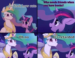 Size: 1000x781 | Tagged: safe, artist:verawitch, banned from derpibooru, deleted from derpibooru, derpibooru import, edit, princess celestia, twilight sparkle, alicorn, comic, crown, exploitable meme, jewelry, meme, regalia, text