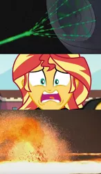 Size: 700x1200 | Tagged: safe, artist:mega-poneo, banned from derpibooru, deleted from derpibooru, derpibooru import, screencap, sunset shimmer, equestria girls, friendship games, death, death star, explosion, laser