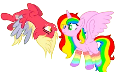 Size: 930x551 | Tagged: safe, artist:anxiouslilnerd, artist:lullabyprince, banned from derpibooru, deleted from derpibooru, derpibooru import, oc, oc:featherbrain, oc:princess color boop, unofficial characters only, alicorn, pony, alicorn oc, clothes, collaboration, colored wings, colored wingtips, horn, next generation, next next generation, offspring, parent:big macintosh, parent:derpy hooves, parents:derpymac, rainbow socks, simple background, socks, striped socks, transparent background, wings