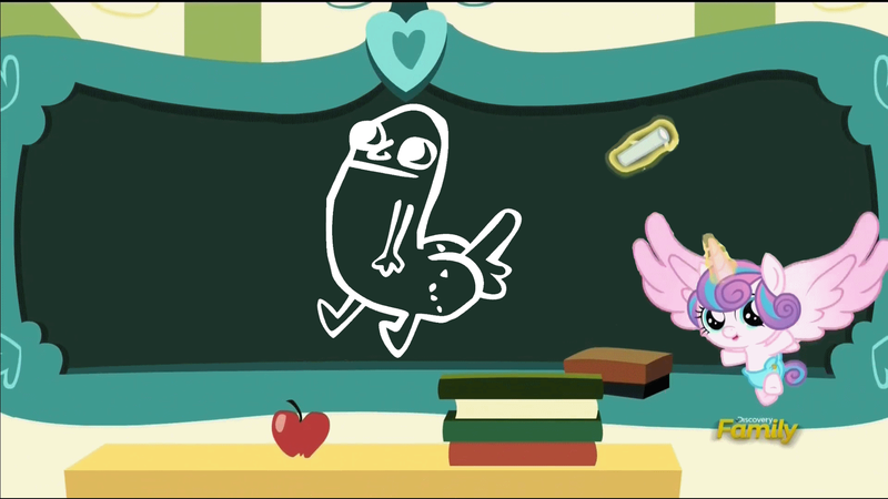 Size: 1920x1080 | Tagged: questionable, banned from derpibooru, deleted from derpibooru, derpibooru import, edit, edited screencap, screencap, princess flurry heart, pony, a flurry of emotions, chalkboard, chalkboard meme, dickbutt, discovery family logo, exploitable meme, flurry art, flurry heart's chalkboard, meme, solo