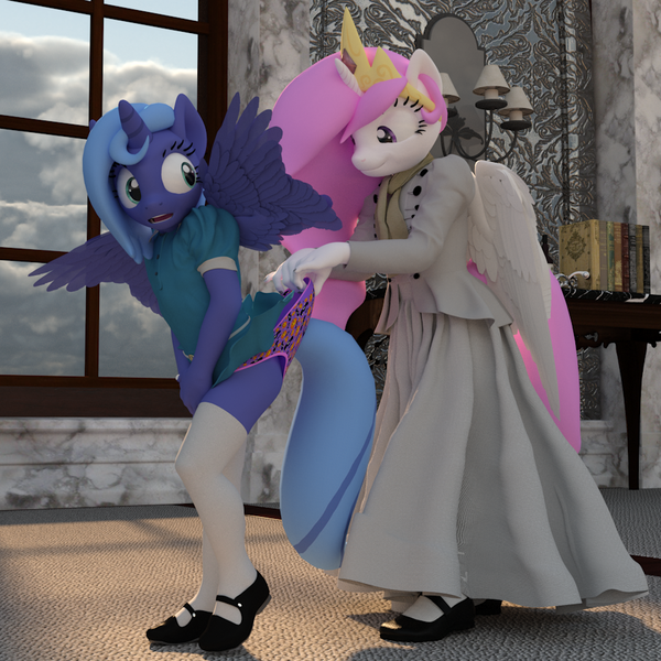 Size: 920x920 | Tagged: suggestive, artist:tahublade7, banned from derpibooru, deleted from derpibooru, derpibooru import, princess celestia, princess luna, anthro, plantigrade anthro, 3d, bully, bullying, clothes, covering, daz studio, female, filly celestia, filly luna, image, kneesocks, panties, png, purple underwear, scarf, skirt, socks, surprised, underwear, wedgie, younger