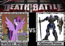 Size: 900x643 | Tagged: safe, banned from derpibooru, deleted from derpibooru, derpibooru import, editor:jdueler11, twilight sparkle, alicorn, death battle, exploitable meme, fire, meme, optimus prime, shield, sword, transformers, twilight sparkle (alicorn), weapon