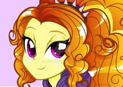 Size: 1024x728 | Tagged: safe, artist:mavdpie, banned from derpibooru, deleted from derpibooru, derpibooru import, adagio dazzle, human, equestria girls, artist name, bust, clothes, curly hair, hair tie, hoodie, long hair, looking at you, ponytail, portrait, simple background, smiling, solo, spikes, starry eyes, watermark, wingding eyes