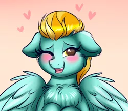 Size: 622x542 | Tagged: safe, artist:confetticakez, banned from derpibooru, deleted from derpibooru, derpibooru import, edit, lightning dust, pegasus, pony, blushing, chest fluff, cropped, cute, explicit source, female, floppy ears, heart, mare, one eye closed, sfw edit, solo