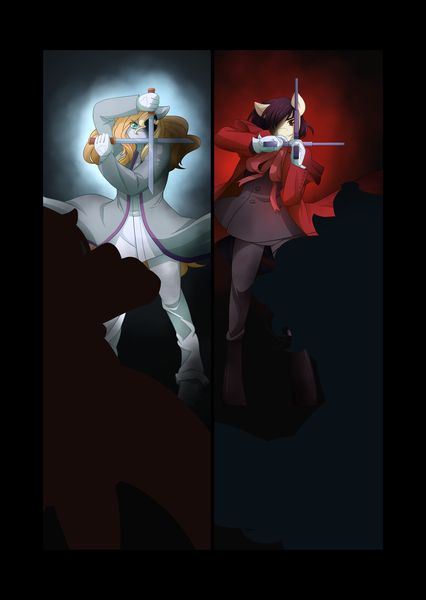 Size: 4400x6200 | Tagged: artist needed, source needed, semi-grimdark, banned from derpibooru, deleted from derpibooru, derpibooru import, anthro, alexander anderson, alucard, clothes, hellsing, hellsing ultimate, jacket, rule 63, stand off