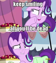 Size: 628x703 | Tagged: safe, banned from derpibooru, deleted from derpibooru, derpibooru import, edit, edited screencap, screencap, starlight glimmer, pony, unicorn, rock solid friendship, caption, discovery family logo, doctor who, exploitable meme, image macro, meme, shrunken pupils, solo, starlight's confessions, sweat, text