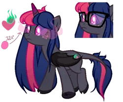 Size: 588x487 | Tagged: safe, artist:lullabyprince, banned from derpibooru, deleted from derpibooru, derpibooru import, oc, oc:burning love, unofficial characters only, alicorn, bat pony, bat pony alicorn, pony, bat wings, colored pupils, female, glasses, horn, mare, offspring, parent:twilight sparkle, simple background, solo, transparent background, wings