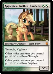 Size: 375x523 | Tagged: safe, artist:ponykillerx, banned from derpibooru, deleted from derpibooru, derpibooru import, edit, applejack, pony, card, ccg, magic the gathering, solo, trading card, trading card edit