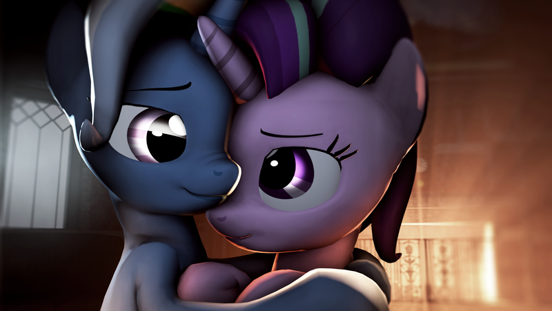 Size: 3840x2160 | Tagged: safe, artist:wintergleam, banned from derpibooru, deleted from derpibooru, derpibooru import, starlight glimmer, trixie, pony, unicorn, 3d, cuddling, female, hug, lesbian, mare, shipping, smiling, source filmmaker, startrix