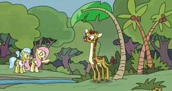Size: 1618x864 | Tagged: safe, artist:emeraldblast63, banned from derpibooru, deleted from derpibooru, derpibooru import, clementine, doctor fauna, fluttershy, giraffe, fluttershy leans in, clothes, open mouth, pointing, river, scene interpretation, tree