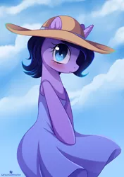 Size: 1132x1606 | Tagged: safe, artist:verawitch, banned from derpibooru, deleted from derpibooru, derpibooru import, oc, oc:eclipse, unofficial characters only, pony, unicorn, clothes, cloud, cute, dress, female, hat, looking at you, mare, ocbetes, solo, summer dress, sun hat