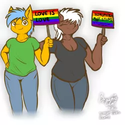 Size: 2952x2952 | Tagged: safe, artist:brownieclop, banned from derpibooru, deleted from derpibooru, derpibooru import, oc, oc:bright film, oc:brownie whitepainter, unofficial characters only, anthro, clothes, duo, eyes closed, female, gay pride, lgbt, looking at you, pride, sign, simple background, smiling, white background