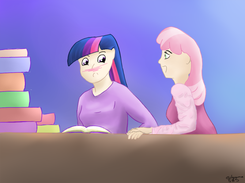 Size: 800x600 | Tagged: safe, artist:evilgnome555, banned from derpibooru, deleted from derpibooru, derpibooru import, cheerilee, twilight sparkle, human, blushing, cheerilight, female, humanized, lesbian, shipping