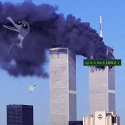 Size: 576x576 | Tagged: safe, banned from derpibooru, deleted from derpibooru, derpibooru import, bird, duck, derpibooru, 2001, 9/11, derpimilestone, meta, new york city, smoke, tags, twin towers, we are going to tartarus