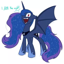 Size: 969x961 | Tagged: safe, artist:sweetcleanfun, banned from derpibooru, deleted from derpibooru, derpibooru import, princess luna, alicorn, bat pony, bat pony alicorn, pony, 30 minute art challenge, bat ponified, bat wings, fangs, female, hair over one eye, horn, i am the night, looking at you, lunabat, moonbat, race swap, simple background, solo, wings