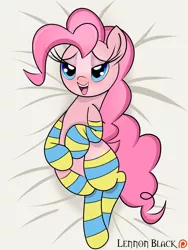 Size: 900x1200 | Tagged: suggestive, artist:jetwave, artist:lennonblack, banned from derpibooru, deleted from derpibooru, derpibooru import, edit, pinkie pie, earth pony, pony, bed, bedroom eyes, blushing, clothes, female, mare, patreon, socks, solo, striped socks