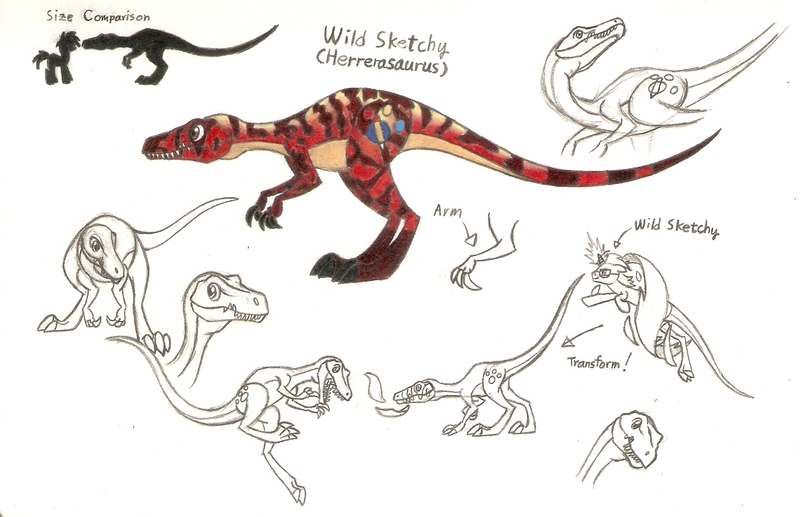 Size: 1527x986 | Tagged: safe, artist:smcho1014, banned from derpibooru, deleted from derpibooru, derpibooru import, oc, oc:wild sketchy, unofficial characters only, dinosaur, pony, unicorn, colored pencil drawing, concept art, herrerasaurus, male, self-transfiguration, simple background, size chart, size comparison, stallion, traditional art, transfiguration, transformation, white background