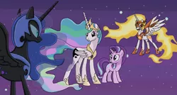 Size: 1616x864 | Tagged: safe, artist:emeraldblast63, banned from derpibooru, deleted from derpibooru, derpibooru import, daybreaker, nightmare moon, princess celestia, princess luna, starlight glimmer, alicorn, pony, unicorn, a royal problem, female, mare, royal sisters, scene interpretation