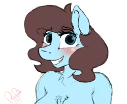 Size: 1272x1047 | Tagged: suggestive, artist:polar puff, banned from derpibooru, deleted from derpibooru, derpibooru import, oc, oc:polar puff, unofficial characters only, anthro, earth pony, anthro oc, awkward, blushing, breasts, chest fluff, colored, cute, female, flat colors, shy, simple background, sketch, smiling, solo, solo female, white background, wip